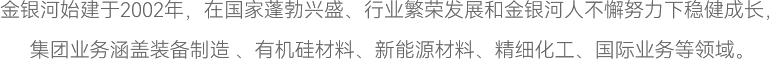 金銀河始建于2002年，在國(guó)家蓬勃興盛、行業(yè)繁榮發(fā)展和金銀河人不懈努力下穩(wěn)健成長(zhǎng)，
集團(tuán)業(yè)務(wù)涵蓋裝備制造 、有機(jī)硅材料、新能源材料、精細(xì)化工、國(guó)際業(yè)務(wù)等領(lǐng)域。